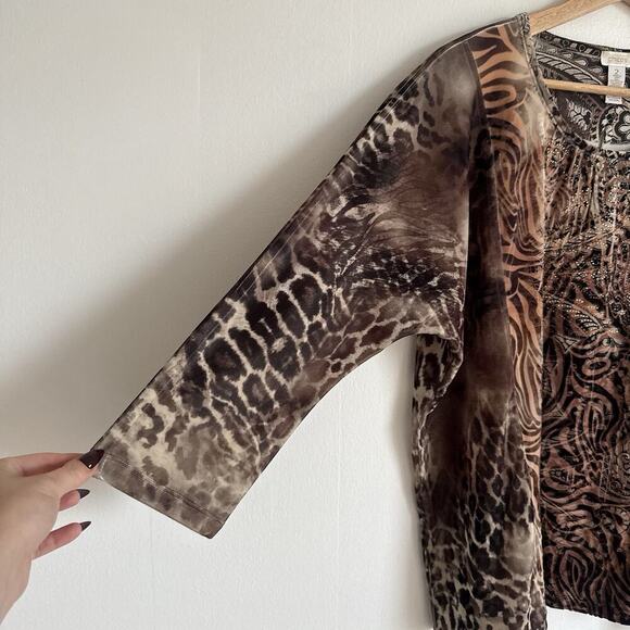 CHICO’S Burnout Velvet Brown Embellished Tunic Blouse Top Stretch Fall Size 2 L - Picture 2 of 9